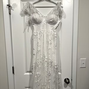 SHEIN white lace appliqué floral dress with bow straps